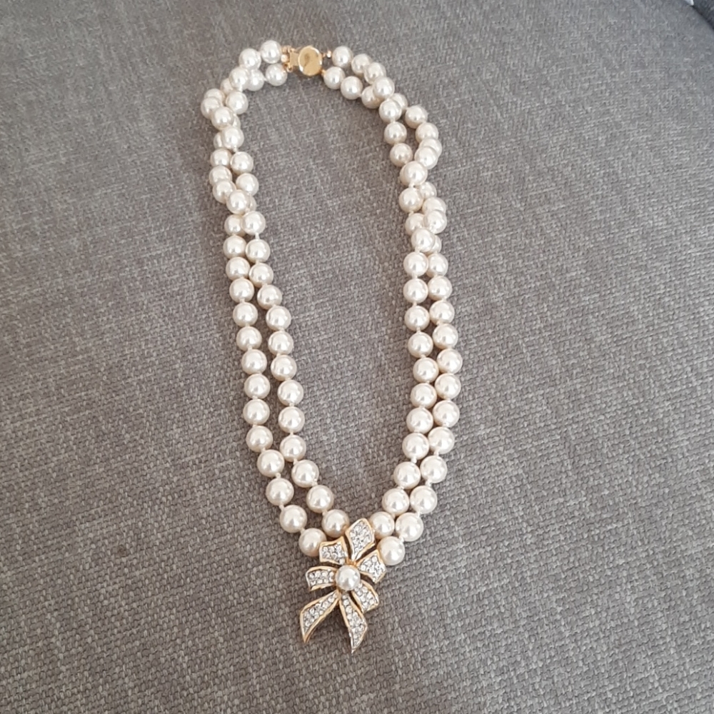 Necklace - (faux) pearl, gold, and diamond